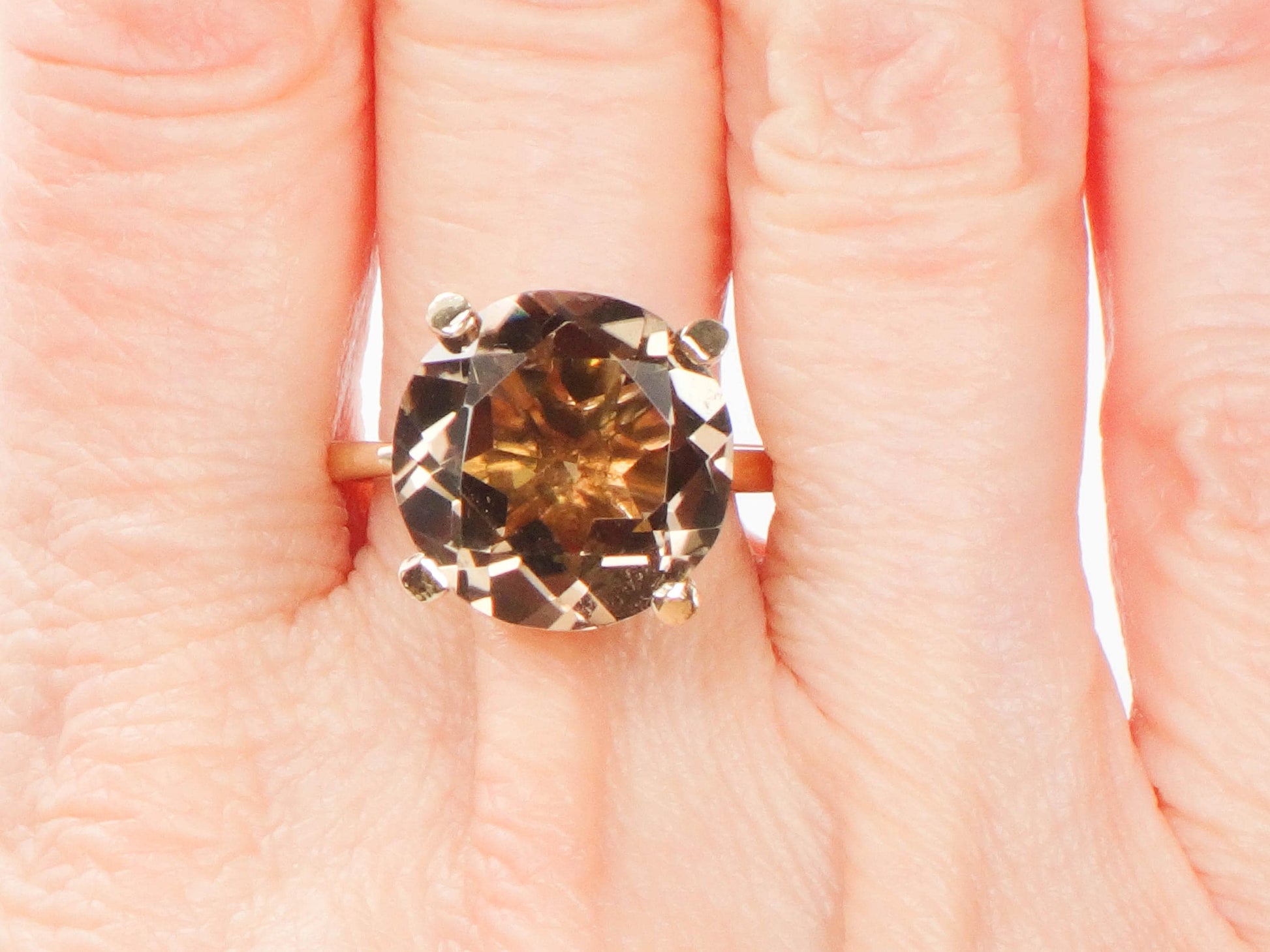 Vintage 14k Yellow Gold Smoky Quartz Ring - 1970s Statement Ring, Size 8
