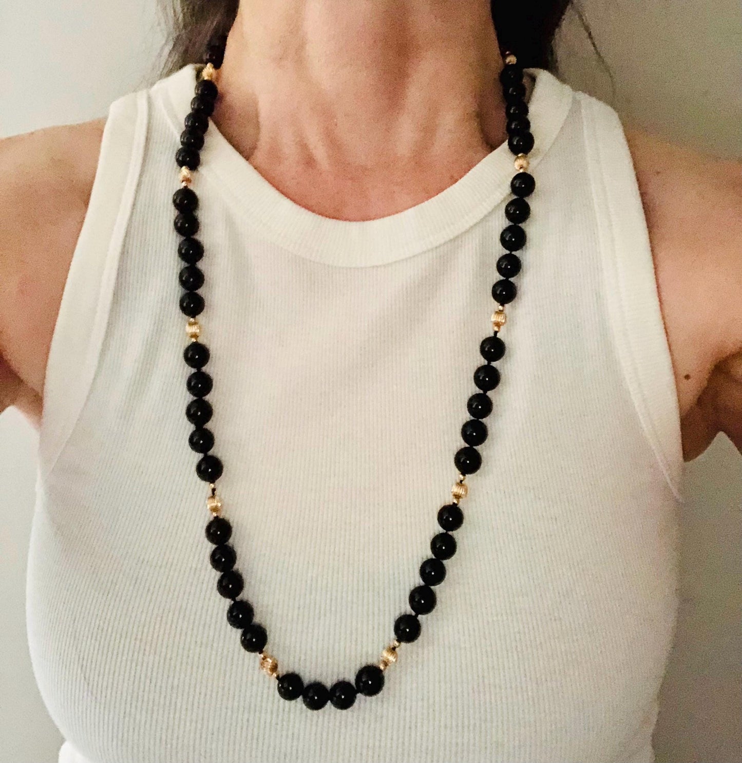 Vintage Black Onyx and 14k Gold Bead Necklace, 10 MM Natural Stone Necklace 29.5"
