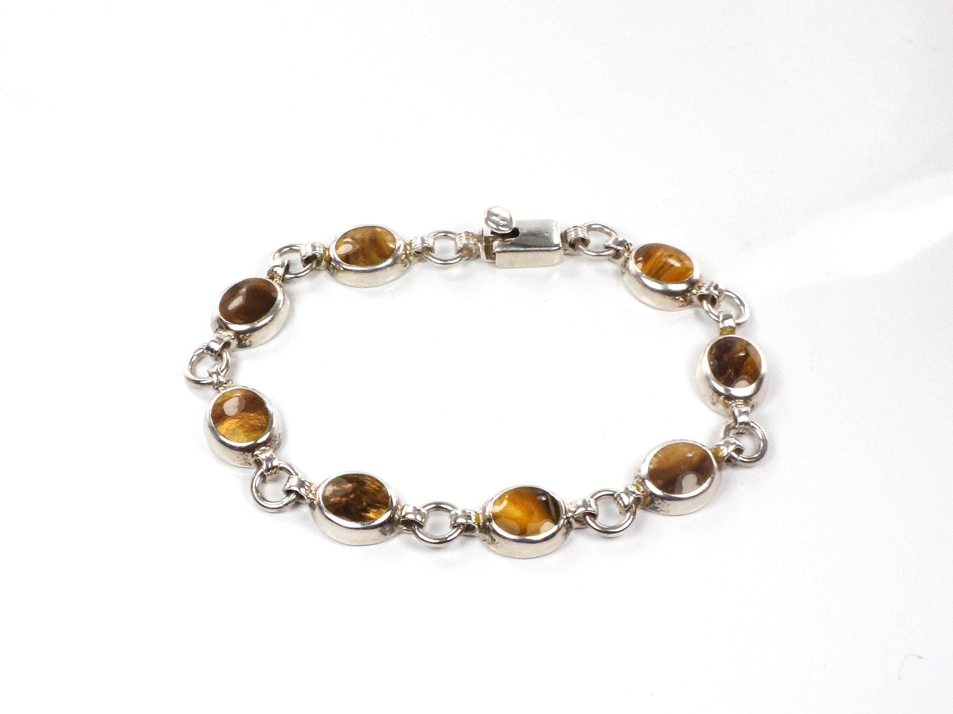 Vintage Sterling Silver Tiger Eye Bracelet, Mexico 925 Natural Stone Bracelet 8&quot;