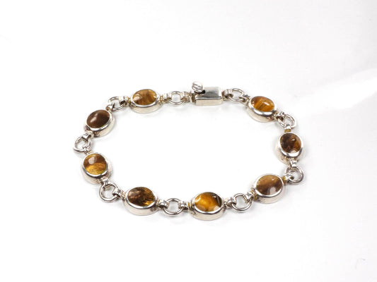 Vintage Sterling Silver Tiger Eye Bracelet, Mexico 925 Natural Stone Bracelet 8&quot;