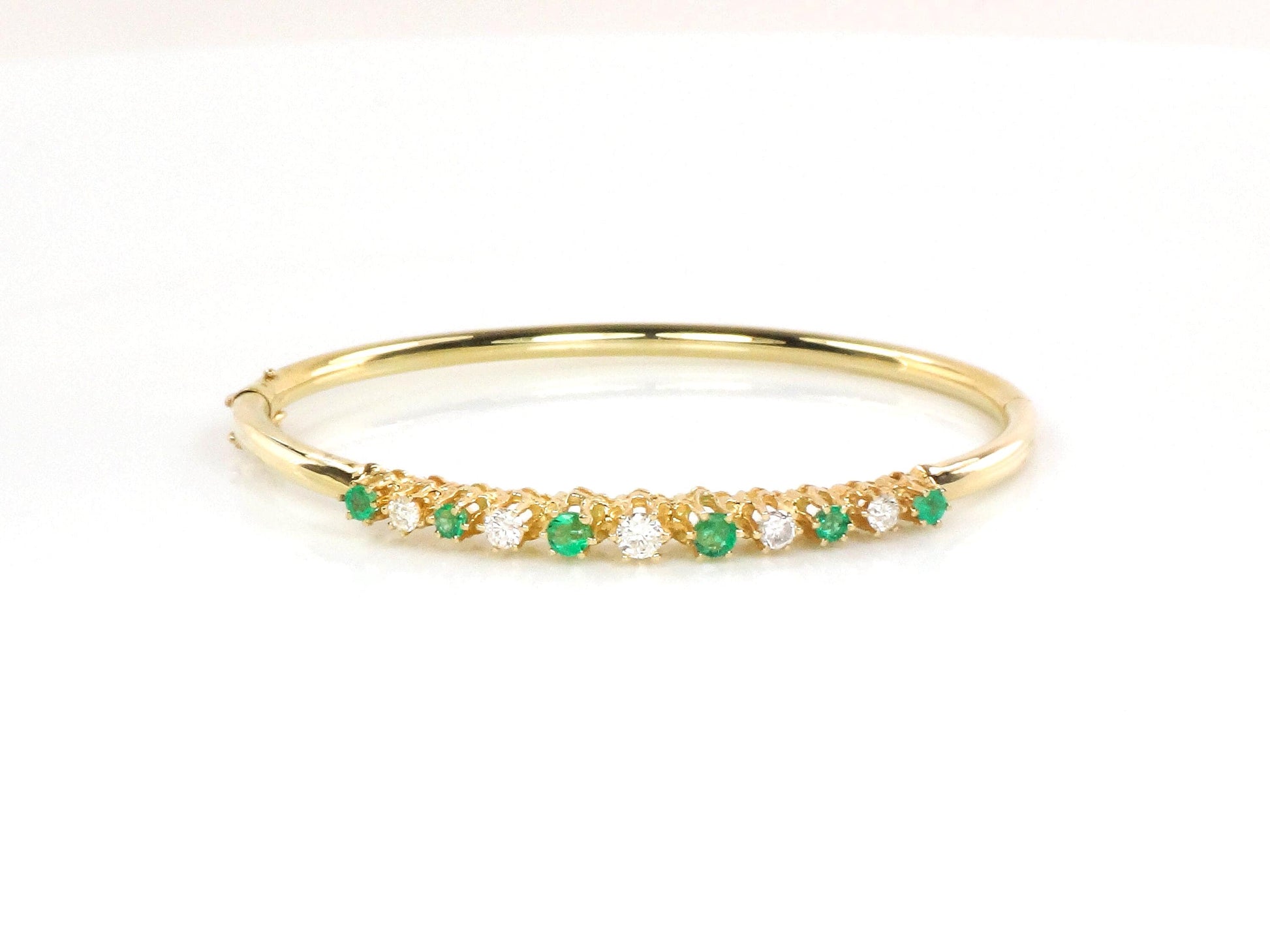 Vintage 14k Yellow Gold Natural Emerald and Diamond Bangle Bracelet - Bridal Bracelet - Small Size 6.75&quot; - May Birthstone Bracelet