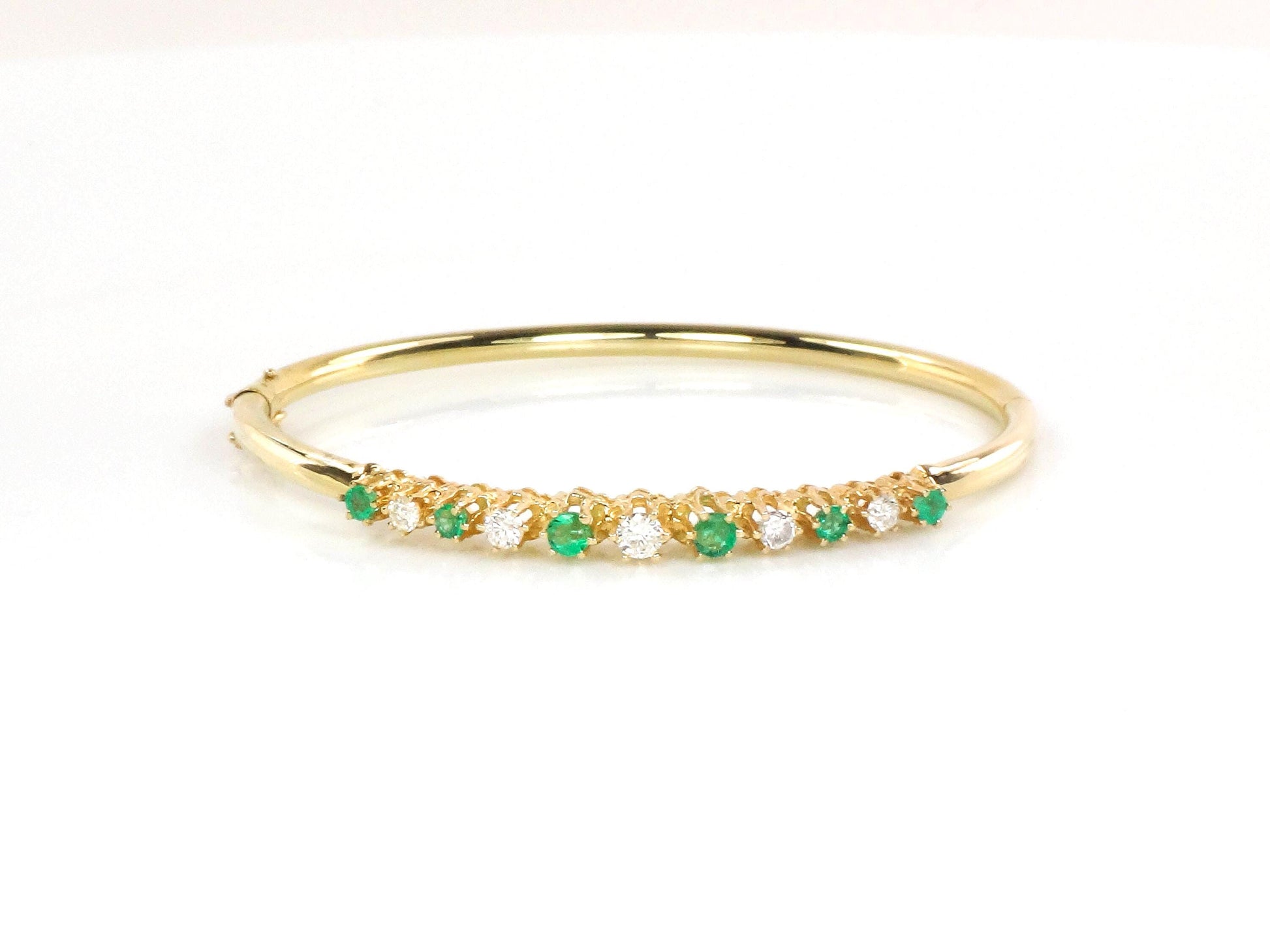 Vintage 14k Yellow Gold Natural Emerald and Diamond Bangle Bracelet - Bridal Bracelet - Small Size 6.75&quot; - May Birthstone Bracelet