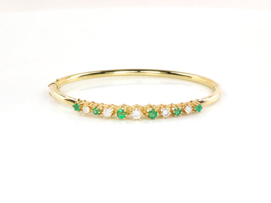 Vintage 14k Yellow Gold Natural Emerald and Diamond Bangle Bracelet - Bridal Bracelet - Small Size 6.75&quot; - May Birthstone Bracelet