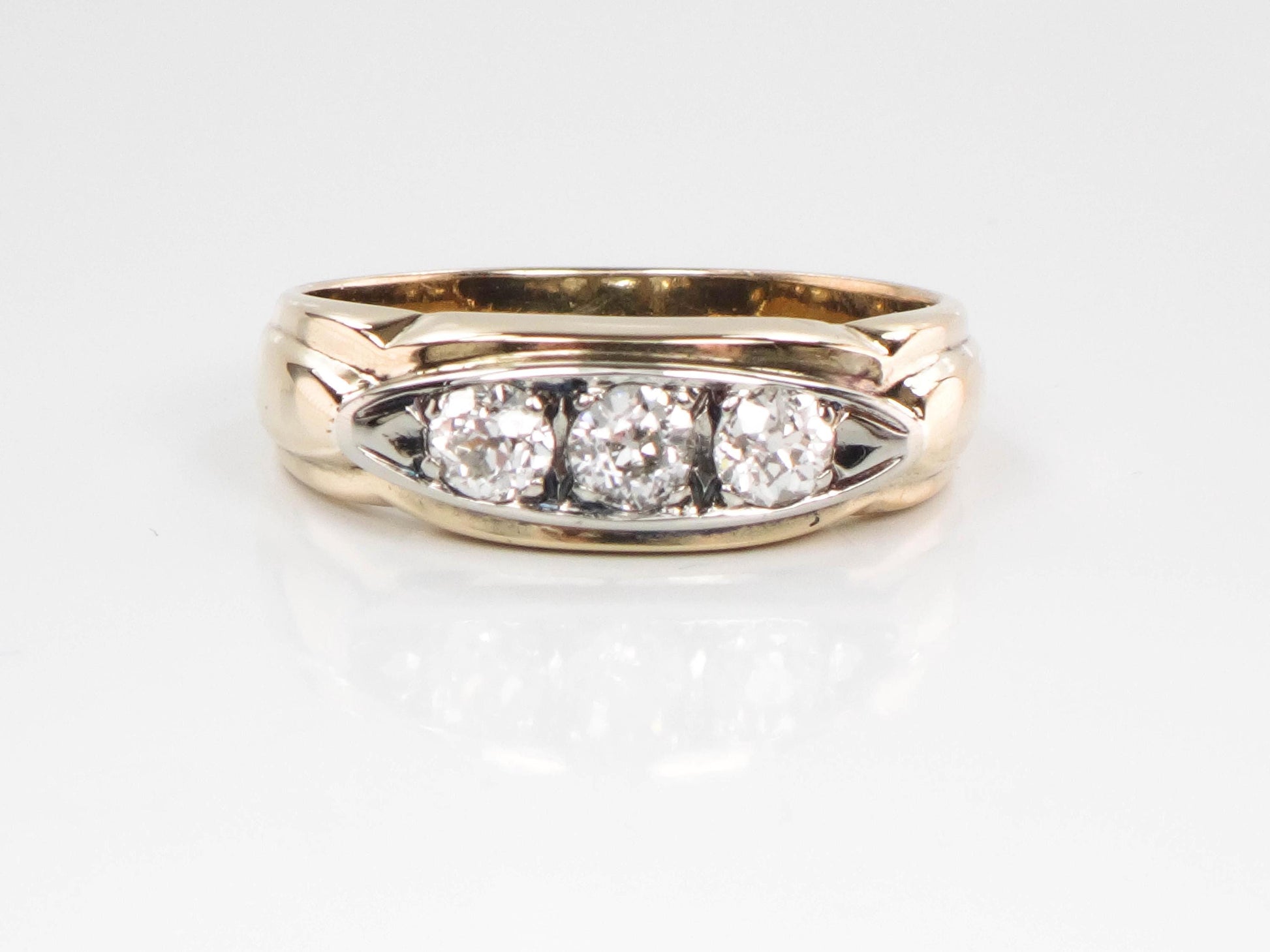 Vintage Art Deco 14k Gold Three Old Mine Cut Diamonds Ring, Natural Diamond Band Circa 1930&#39;s, .50 Carat TDW Size 8.75