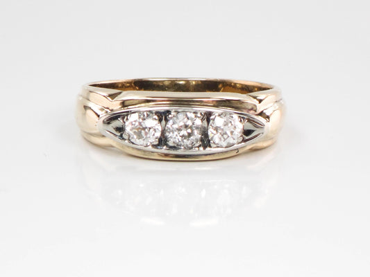 Vintage Art Deco 14k Gold Three Old Mine Cut Diamonds Ring, Natural Diamond Band Circa 1930&#39;s, .50 Carat TDW Size 8.75