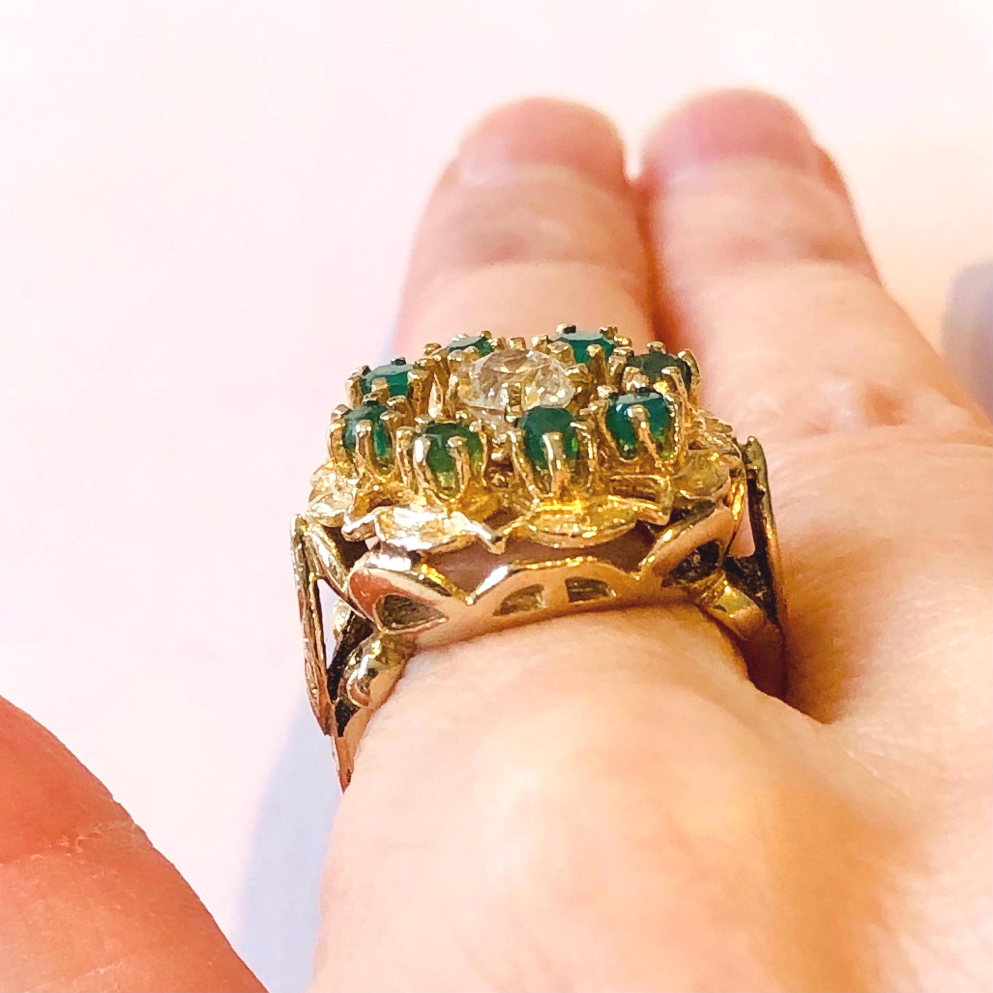 Vintage Yellow Gold Natural Old Mine Cut Diamond and Emerald Halo Cocktail Ring