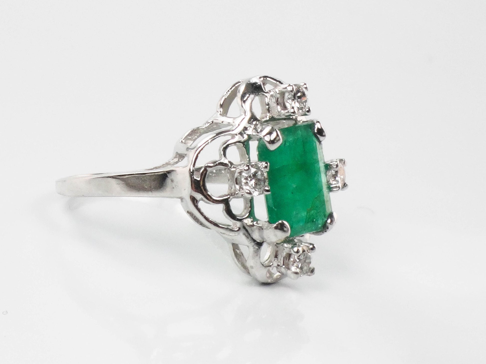 Vintage 14k White Gold Natural Emerald and Diamond Ring, Approximately 1.15 CT Emerald, May Birthstone Size 7.5