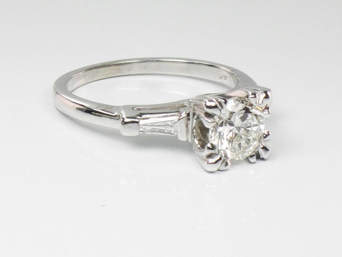 Vintage 14k White Gold Diamond Engagement Ring with Baguettes, Size 6