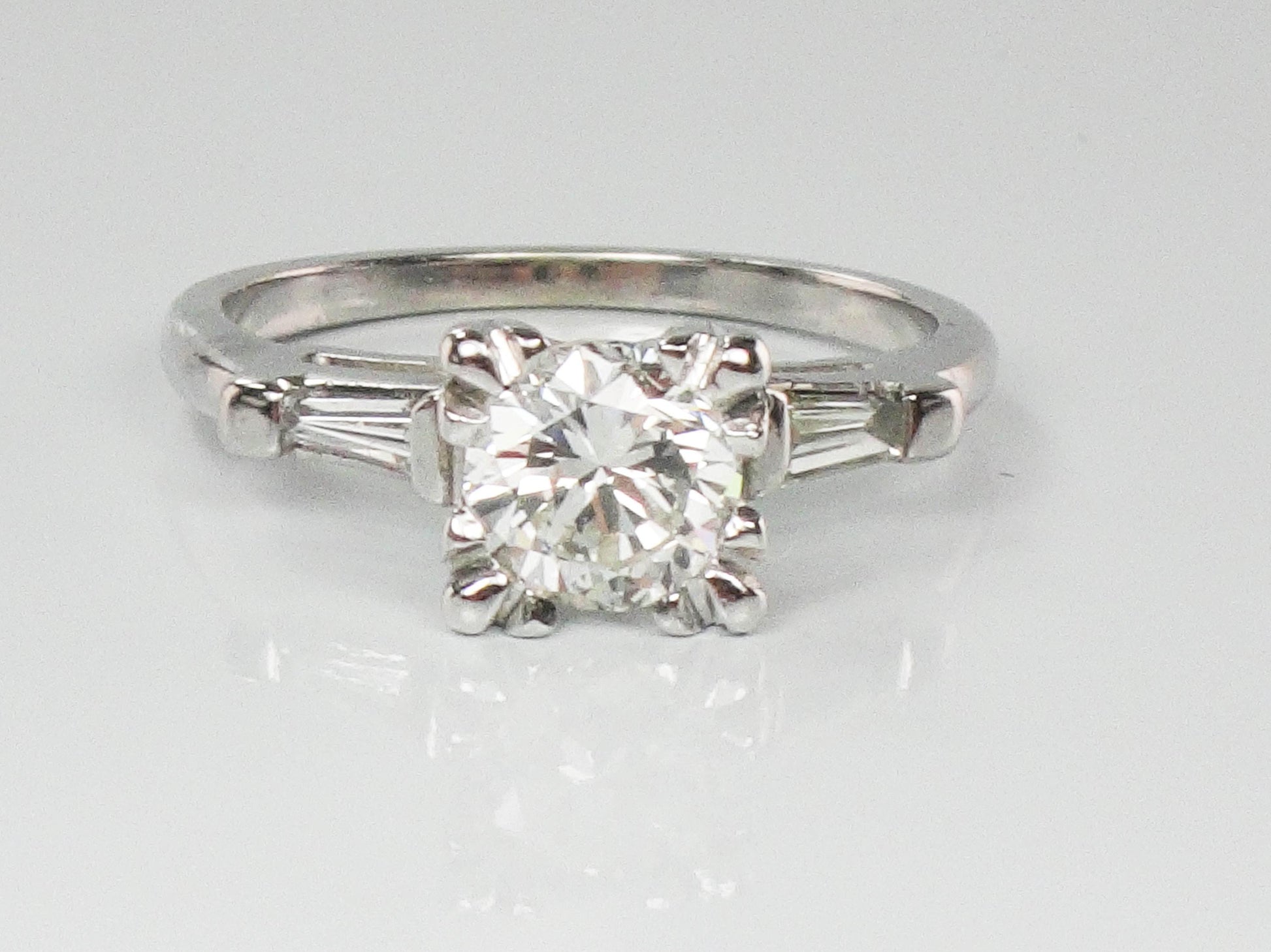 Vintage 14k White Gold Diamond Engagement Ring with Baguettes, Size 6