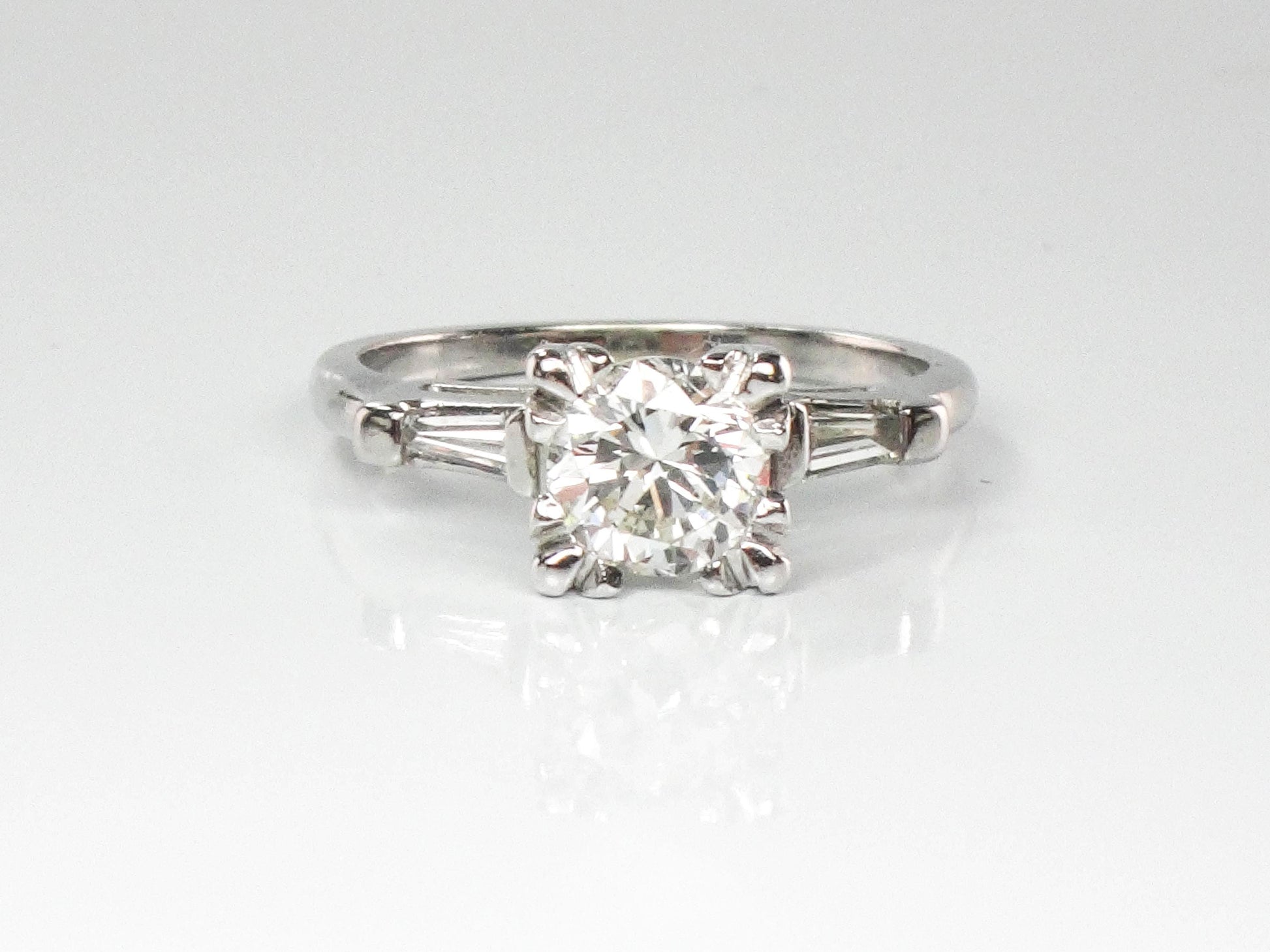 Vintage 14k White Gold Natural Round Brilliant Diamond Engagement Ring with Baguettes, .80 Carats Center, Size 6