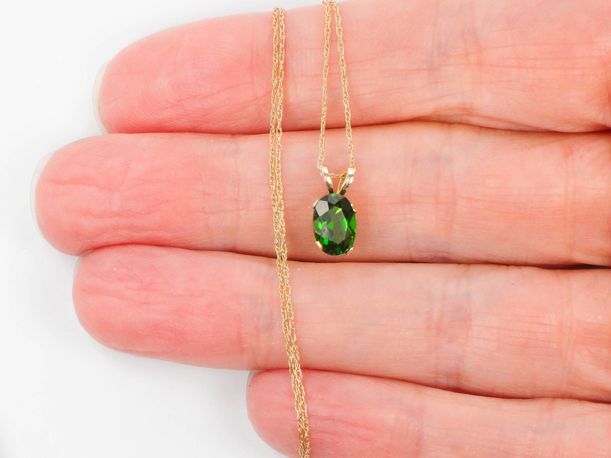 Vintage Yellow Gold Green Tourmaline Drop Necklace, Minimalist Oval Cut Green Stone Pendant, 19"