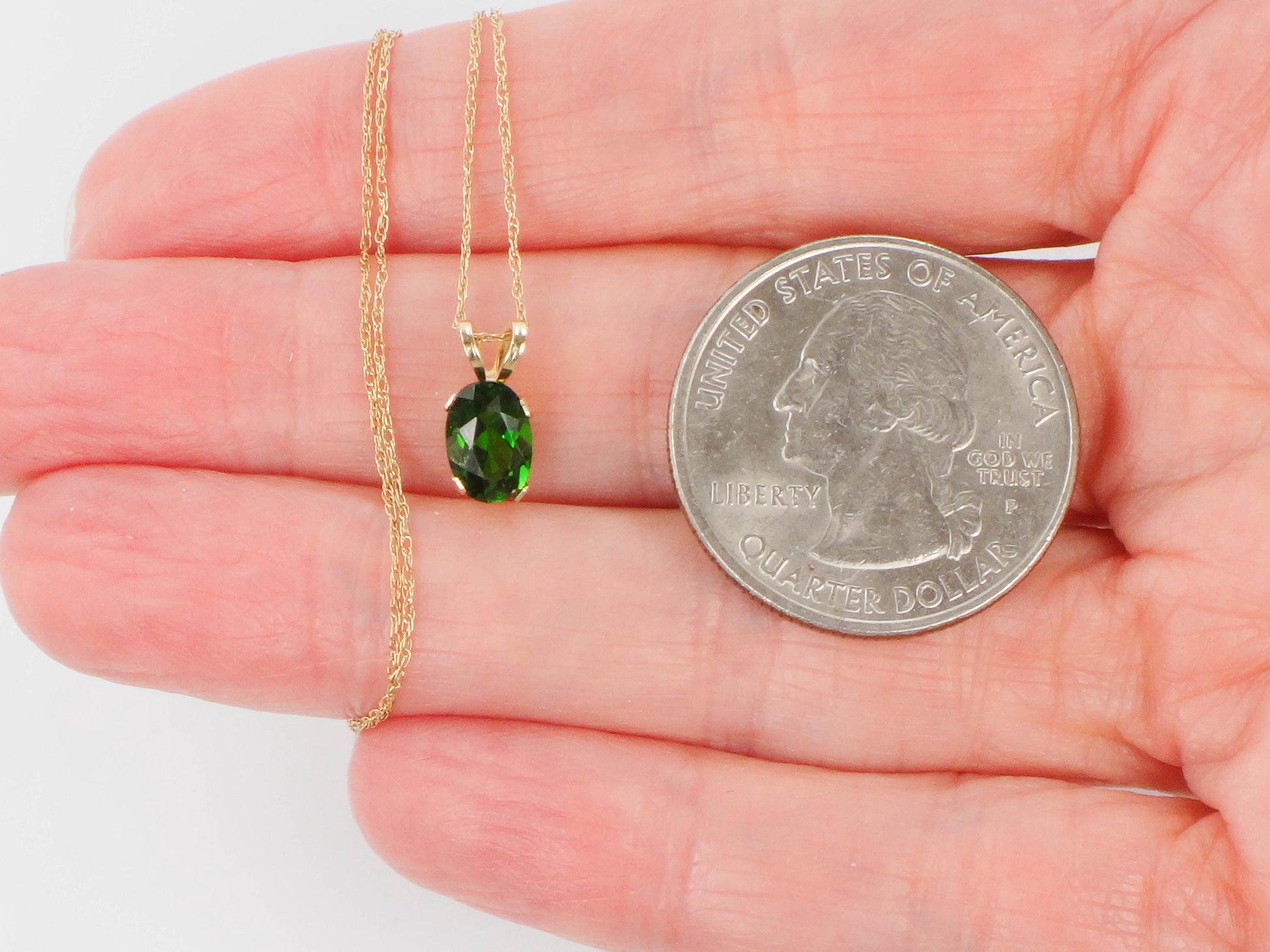 Vintage Yellow Gold Green Tourmaline Drop Necklace, Minimalist Oval Cut Green Stone Pendant, 19"