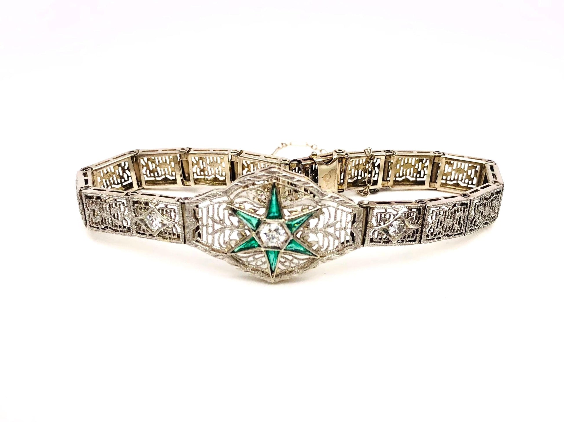 Vintage Art Deco 14k White Gold and Platinum Diamond and Green Glass Star Bracelet