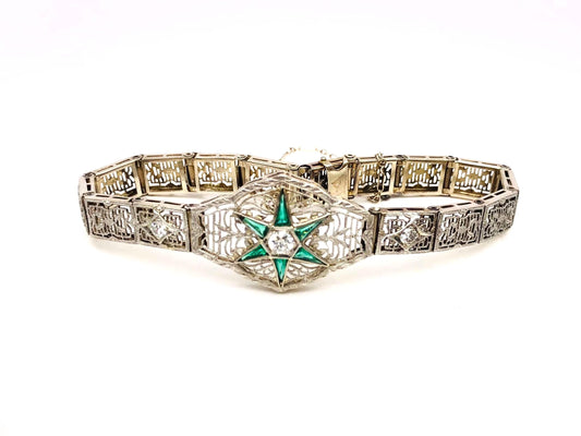 Vintage Art Deco 14k White Gold and Platinum Diamond and Green Glass Star Bracelet