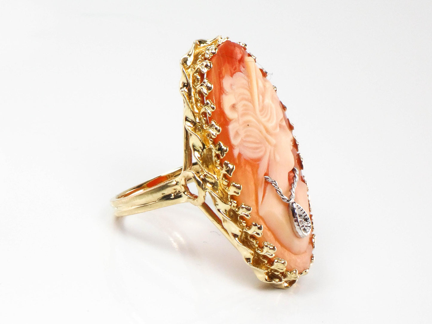 Vintage Large 14k Yellow Gold Cameo Diamond Ring, Shell Cameo with Diamond Necklace Ring, Size 6.75
