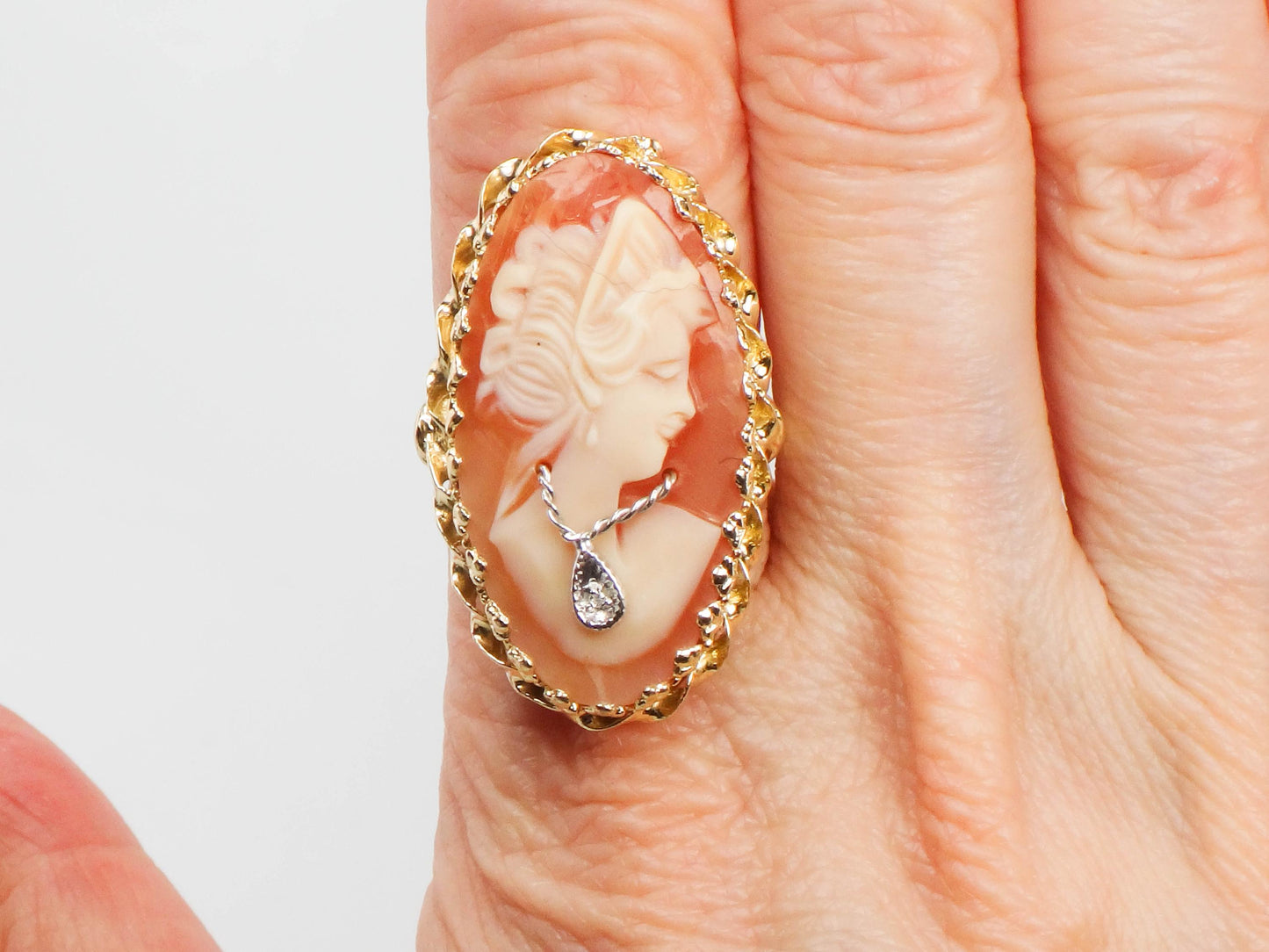 Vintage Large 14k Yellow Gold Cameo Diamond Ring, Shell Cameo with Diamond Necklace Ring, Size 6.75