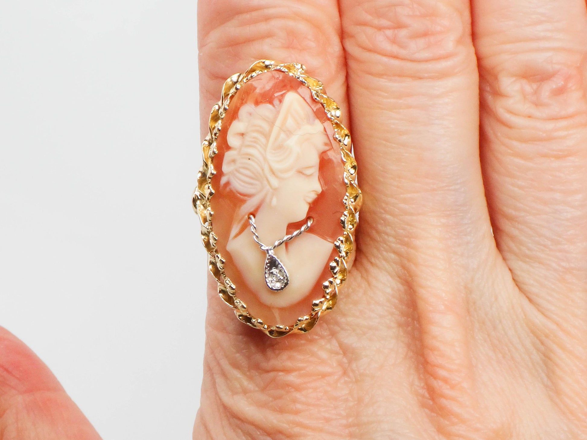 Vintage Large 14k Yellow Gold Cameo Diamond Ring, Shell Cameo with Diamond Necklace Ring, Size 6.75