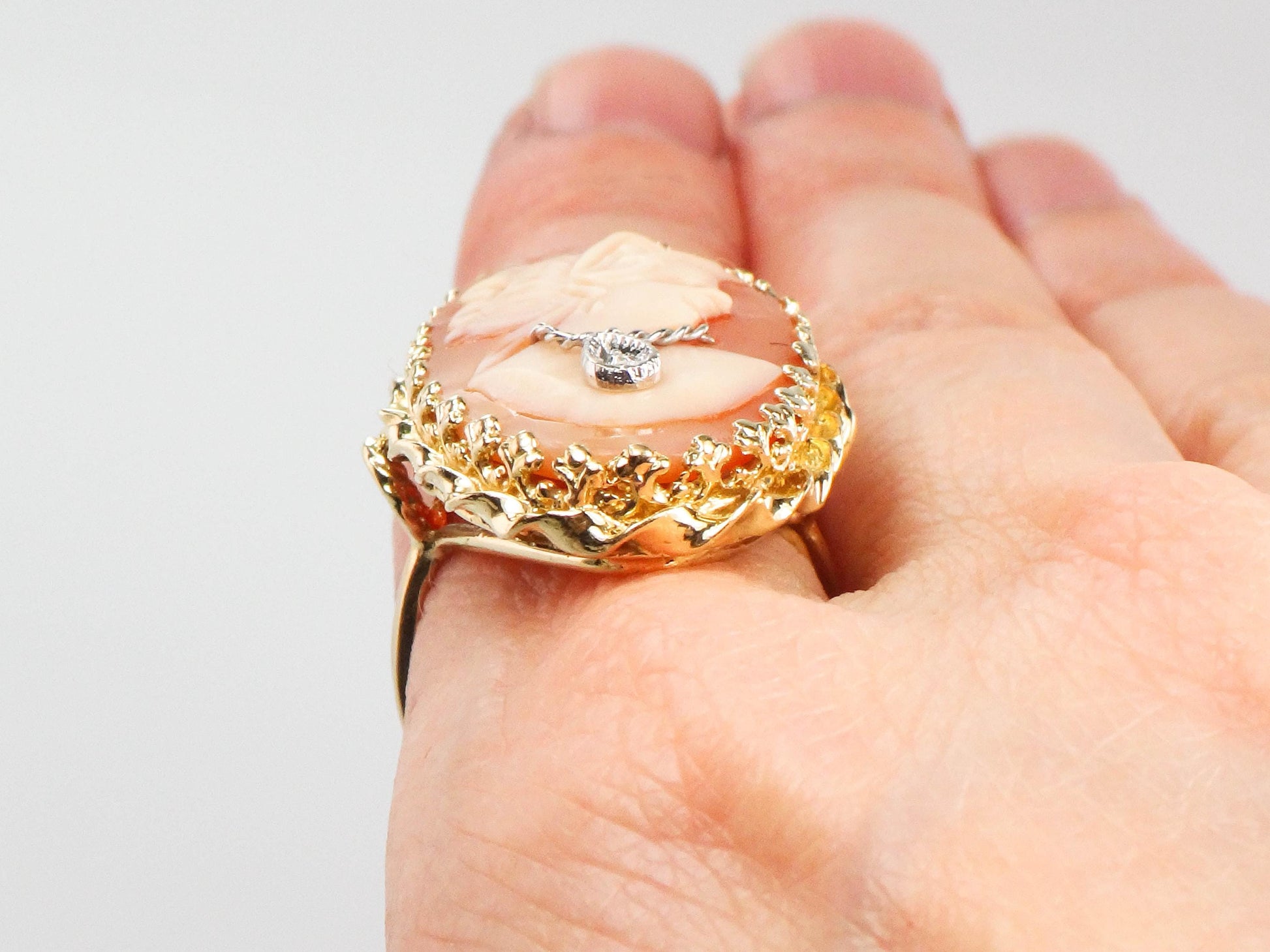 Vintage Large 14k Yellow Gold Cameo Diamond Ring, Shell Cameo with Diamond Necklace Ring, Size 6.75