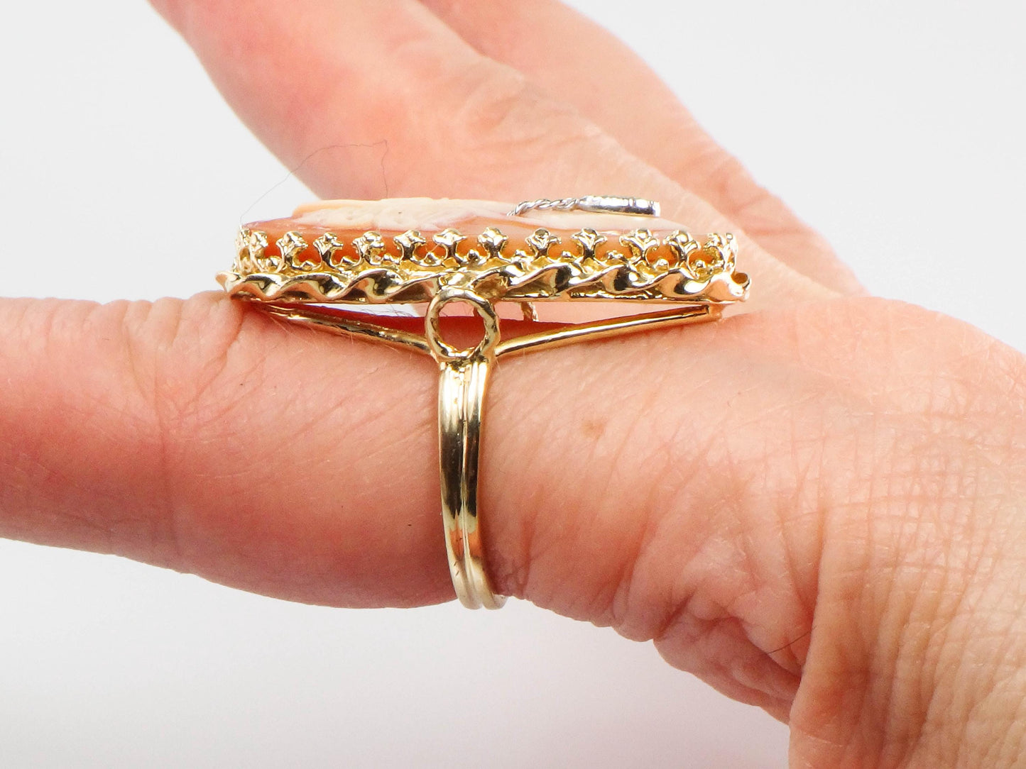Vintage Large 14k Yellow Gold Cameo Diamond Ring, Shell Cameo with Diamond Necklace Ring, Size 6.75