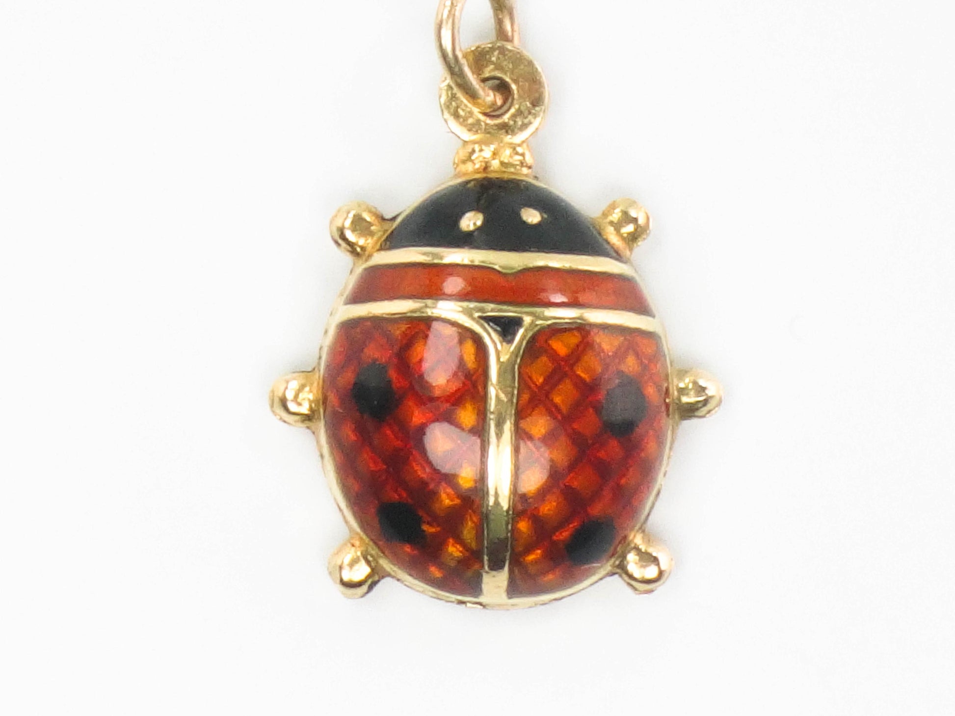 Vintage 18k Gold Puffy Ladybug Pendant with Red and Black Enamel, Good Luck Charm