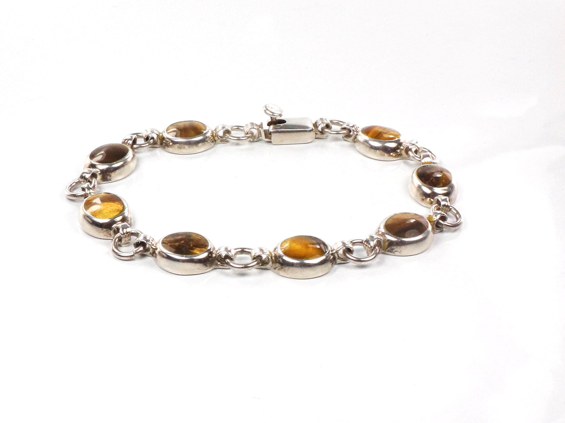 Vintage Sterling Silver Tiger Eye Bracelet, Mexico 925 Natural Stone Bracelet 8"