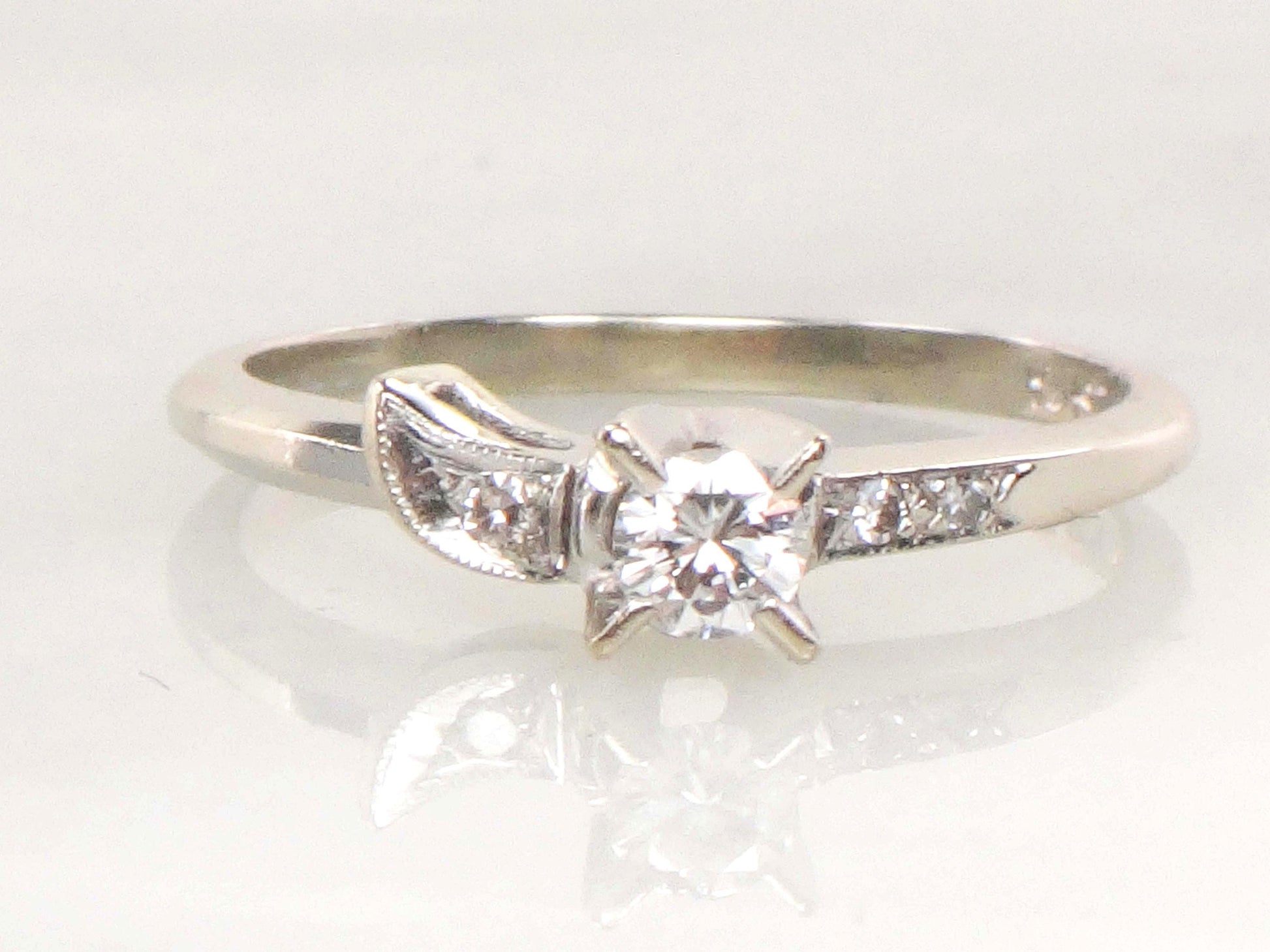 Vintage 4k White Gold Natural Diamond Engagement Ring featuring a .16 Carat Round Diamond, Size 5 3/4