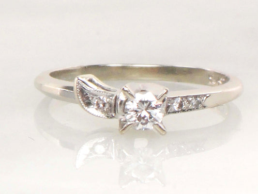 Vintage 4k White Gold Natural Diamond Engagement Ring featuring a .16 Carat Round Diamond, Size 5 3/4
