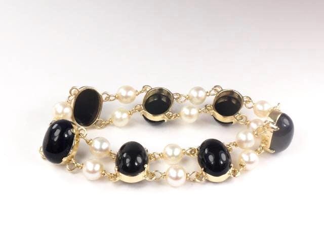 Vintage 14k Gold Pearl & Black Onyx Bracelet: Bridal Jewelry, 7", 6.5 MM