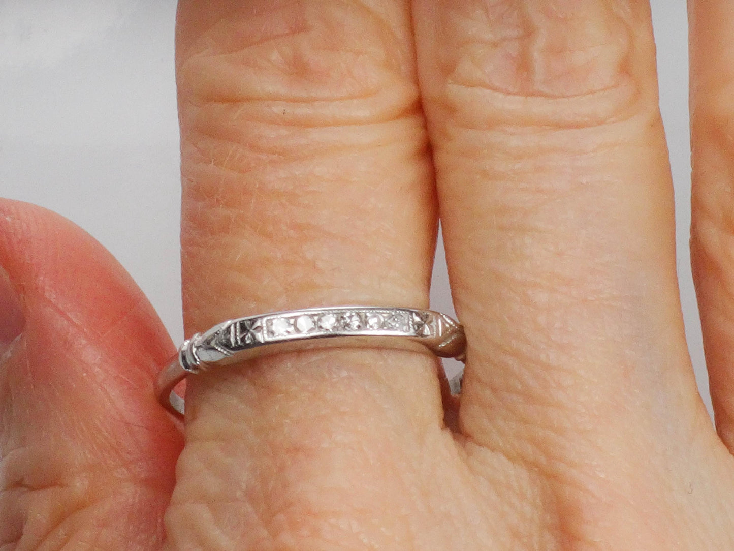 Vintage Platinum Diamond Wedding Band - 1930s Thin Stacking Ring Size 11.75