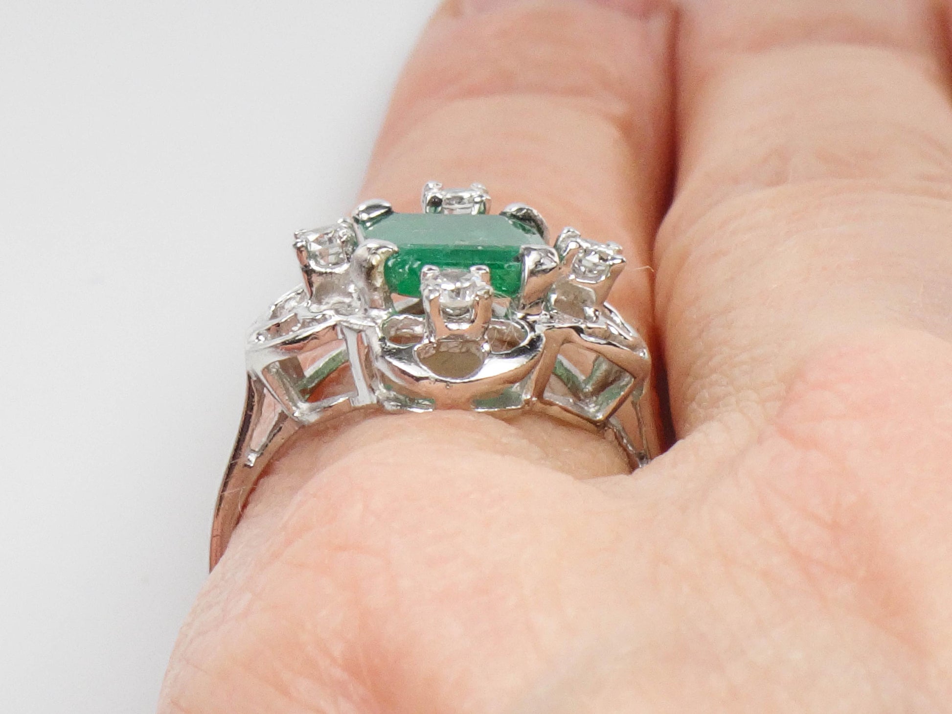 Vintage 14k White Gold Natural Emerald and Diamond Ring, Approximately 1.15 CT Emerald, May Birthstone Size 7.5