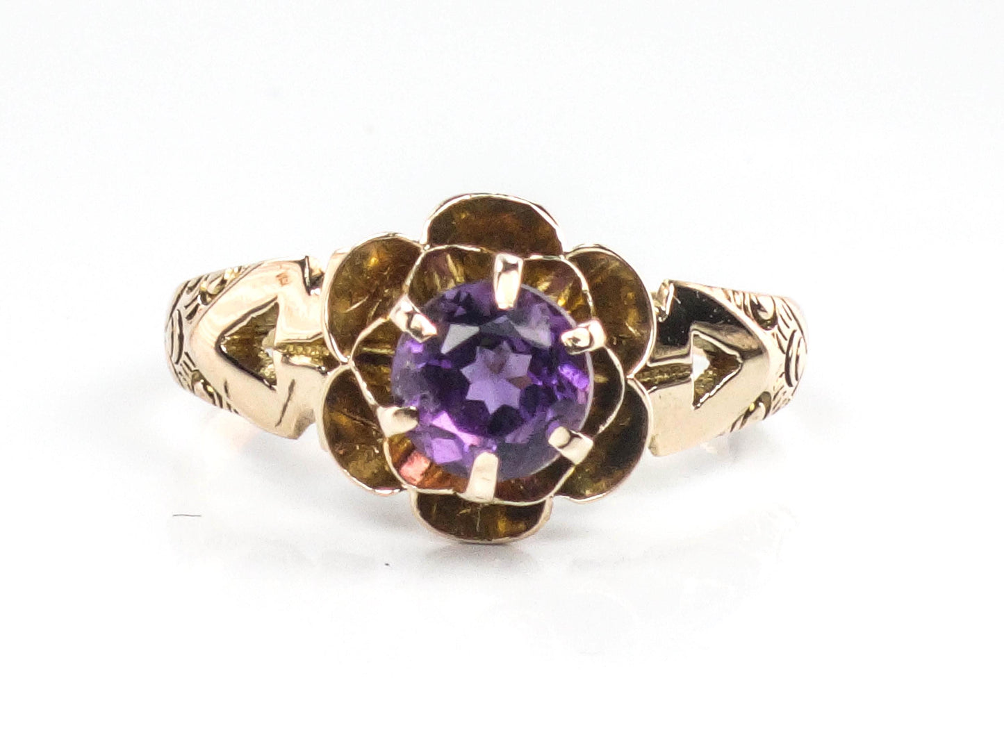 Vintage 14k Yellow Gold Amethyst Ring: Antique Floral Solitaire, February Birthstone, 1910's