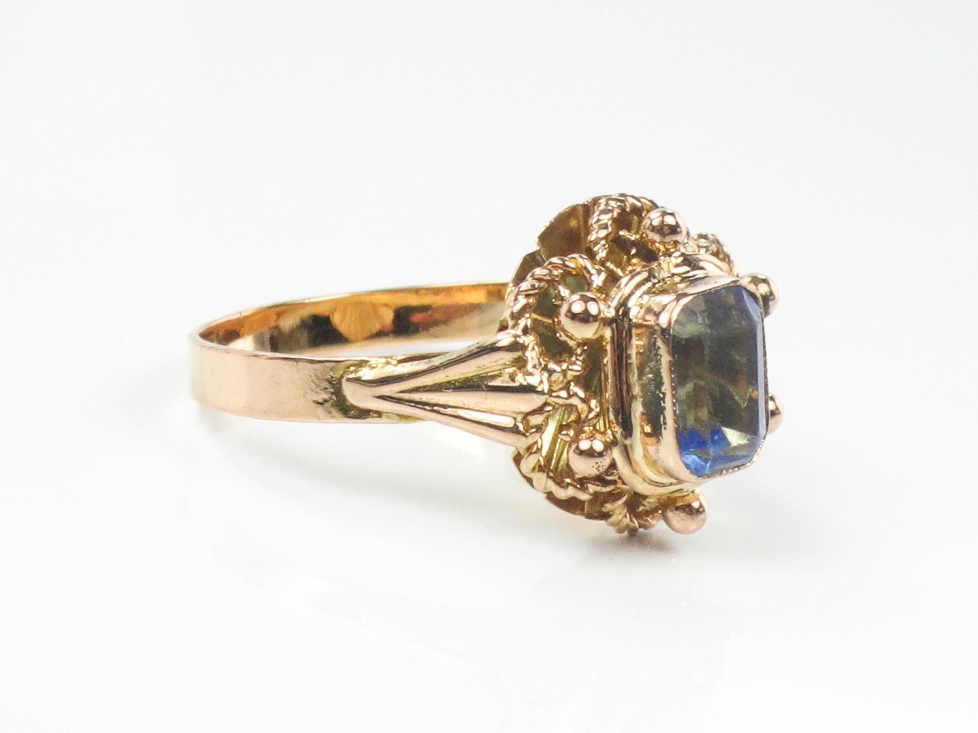 Vintage 19.2k Yellow Gold Cannetille Filigree Blue Glass Ring, Portuguese Hallmarked 800 Gold Ring, Size 6.75
