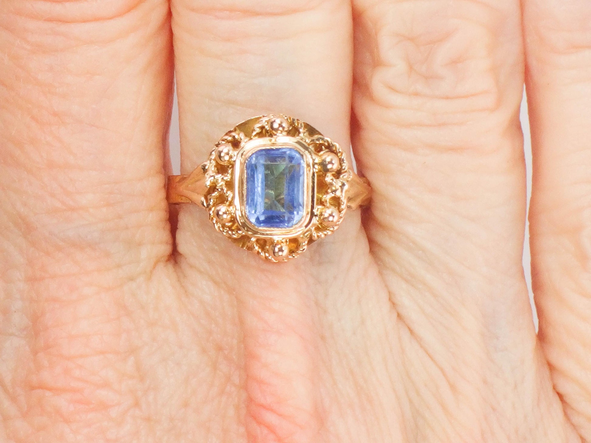 Vintage 19.2k Yellow Gold Cannetille Filigree Blue Glass Ring, Portuguese Hallmarked 800 Gold Ring, Size 6.75