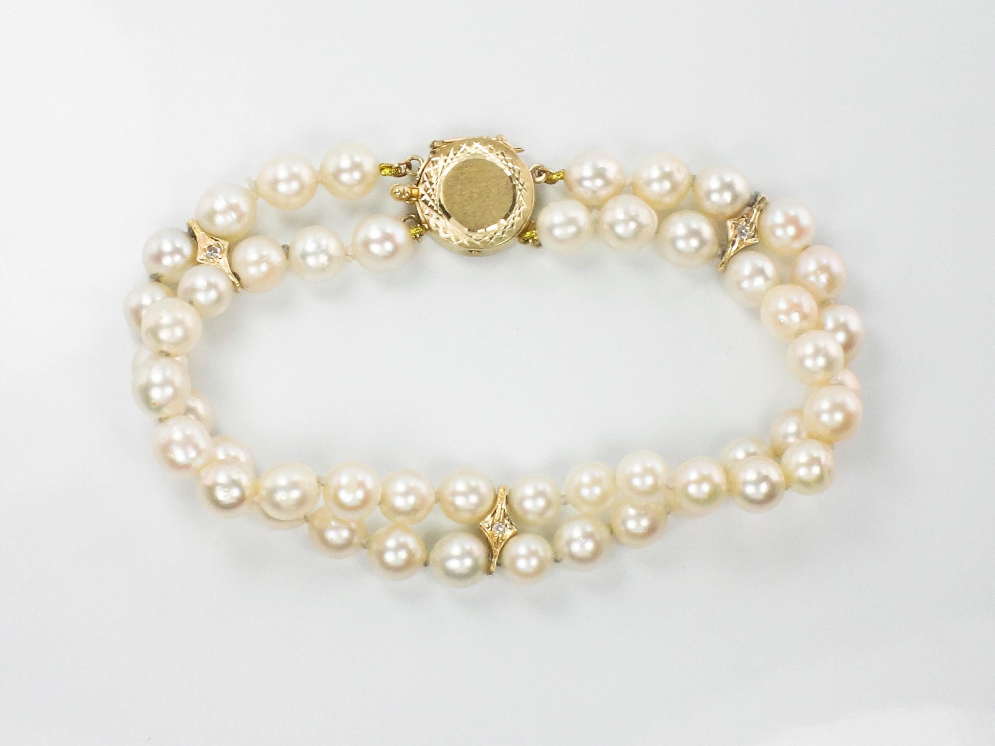 Vintage 14k Gold Double Strand Pearl and Diamond Bracelet, 5.9 - 6.2 mm Saltwater Cultured Pearl Bracelet, Bridal Bracelet 7 7/8"