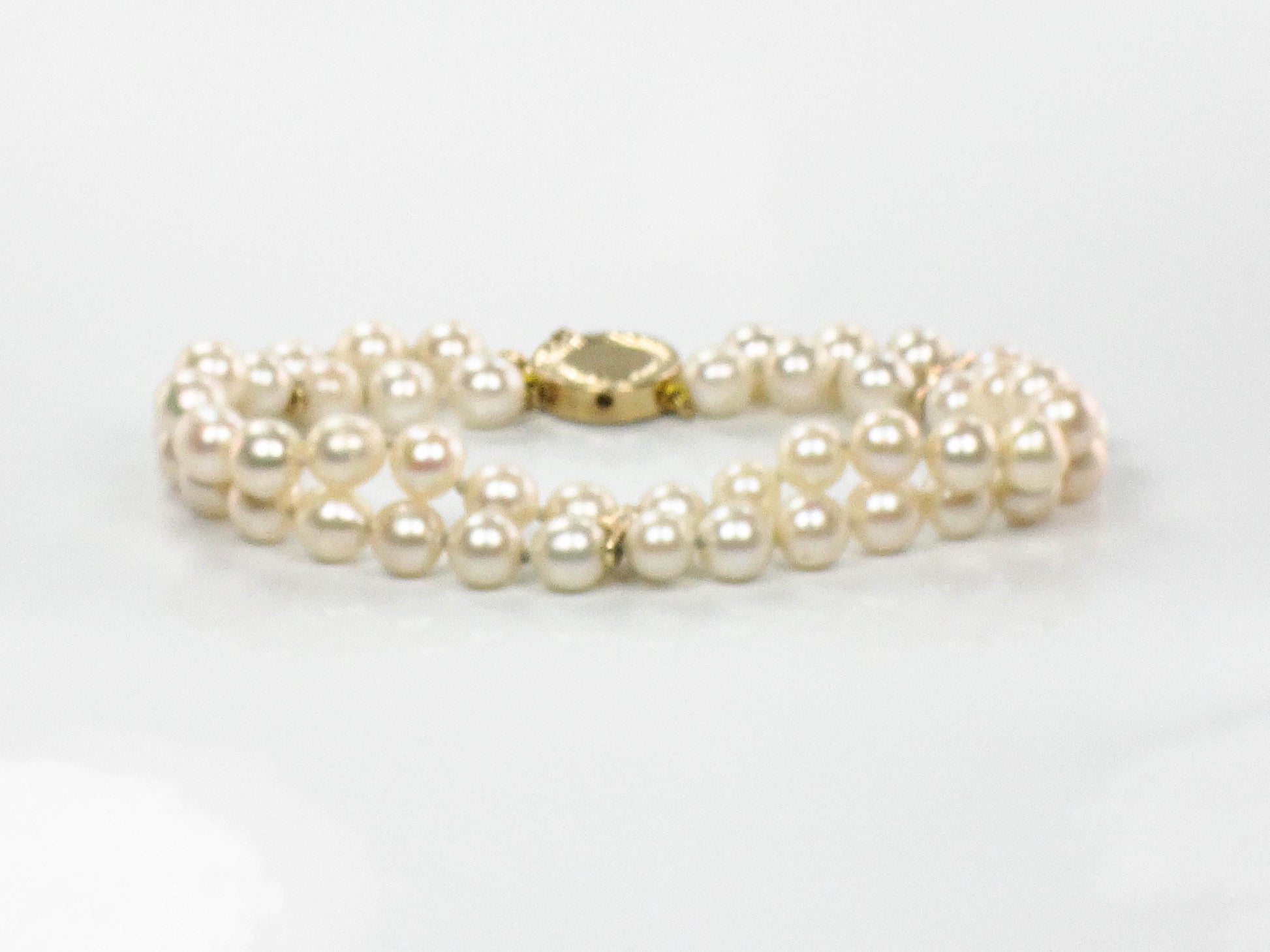 Vintage 14k Gold Double Strand Pearl and Diamond Bracelet, 5.9 - 6.2 mm Saltwater Cultured Pearl Bracelet, Bridal Bracelet 7 7/8"