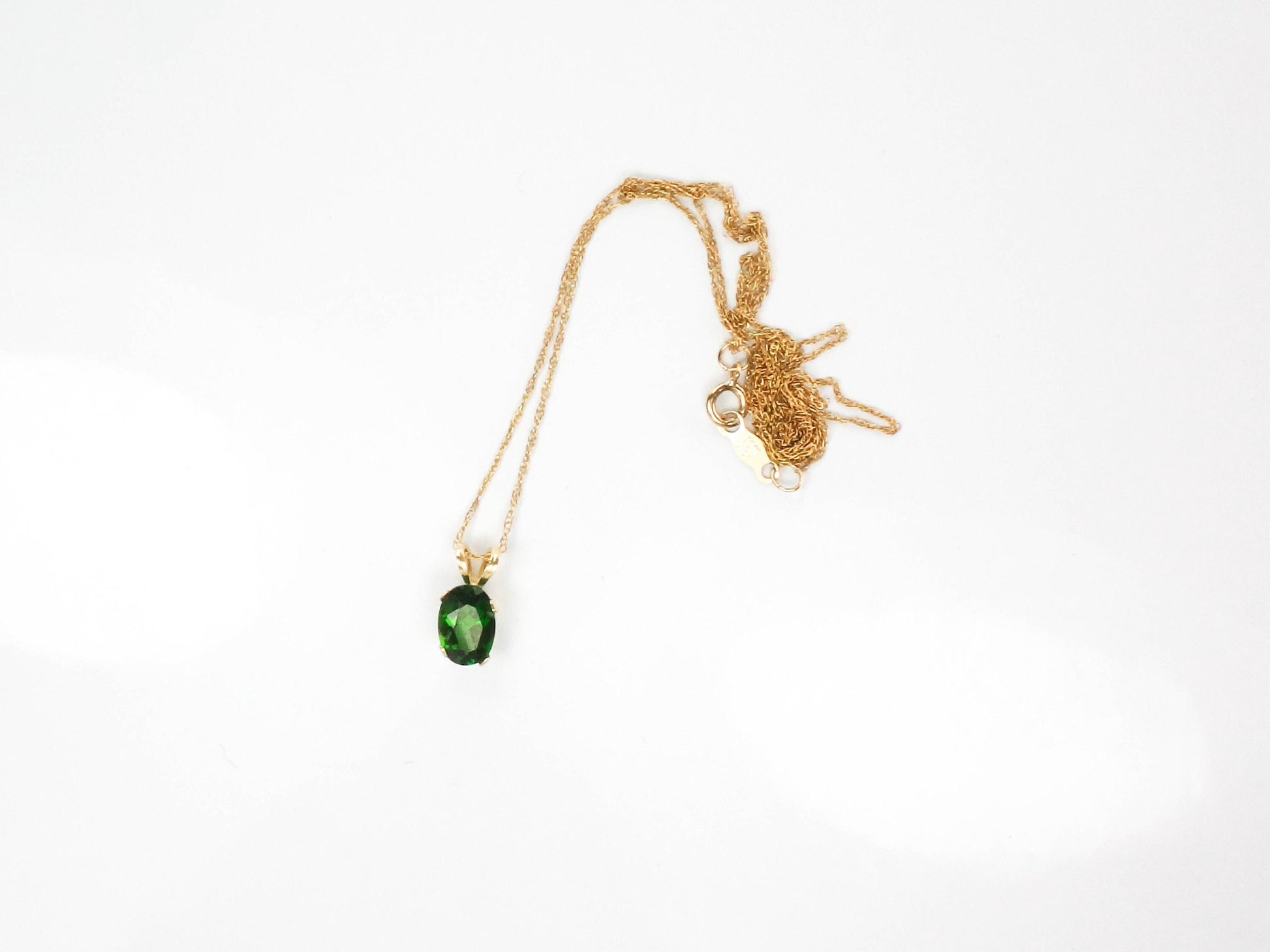 Vintage Yellow Gold Green Tourmaline Drop Necklace, Minimalist Oval Cut Green Stone Pendant, 19"