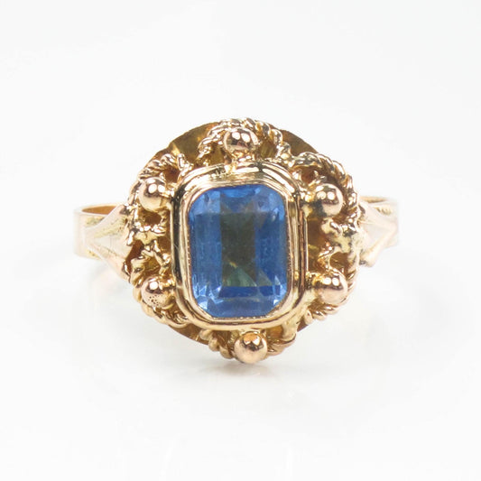 Vintage 19.2k Yellow Gold  Cannetille Filigree Blue Glass Ring, Portuguese Hallmarked Gold Ring, Size 6.75