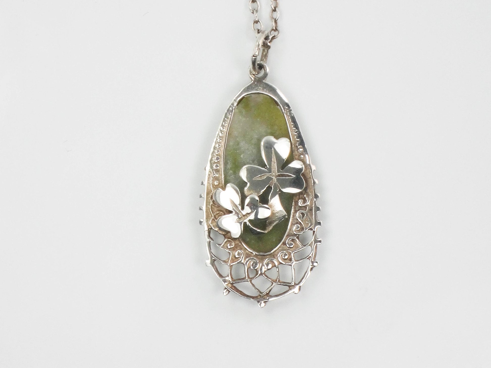 Vintage Sterling Silver Connemara Marble Shamrock Pendant Necklace, Irish Good Luck Necklace 18"
