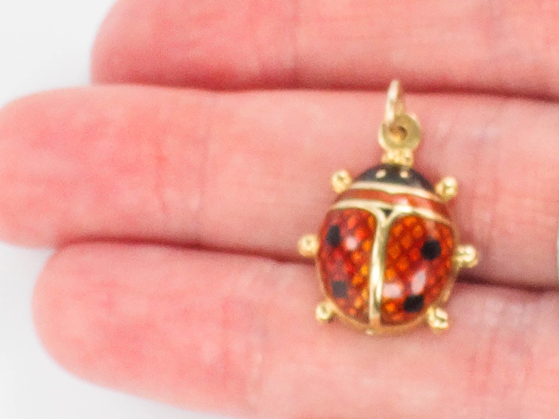 Vintage 18k Gold Puffy Ladybug Pendant with Red and Black Enamel, Good Luck Charm