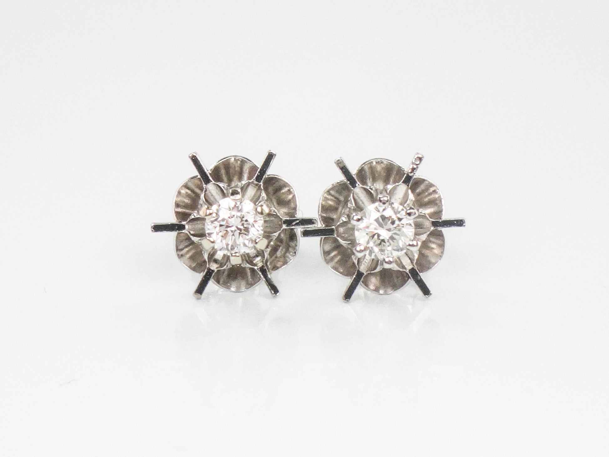 Vintage 14k White Gold Natural Diamond Stud Buttercup Earrings, Round Brilliant Bridal Earrings