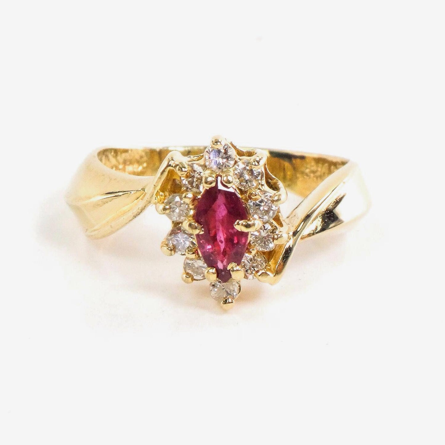 Vintage 14k Yellow Gold Natural Ruby and Diamond Halo Ring, July Birthstone Ring Size 7.75