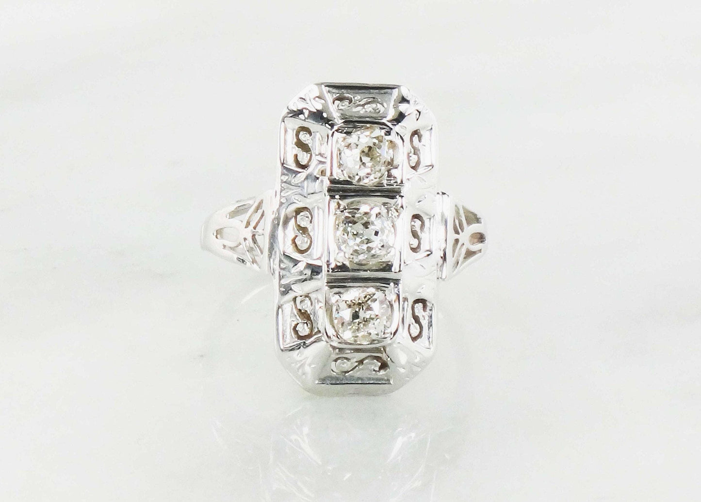 14k White Gold Art Deco Diamond Ring: Three Stone Old Mine Cut
