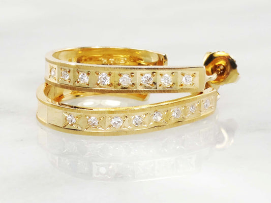 Vintage 14k Yellow Gold Natural Diamond Half Hoop Earrings Approx .40 CT TDW Large Gold Diamond Earrings