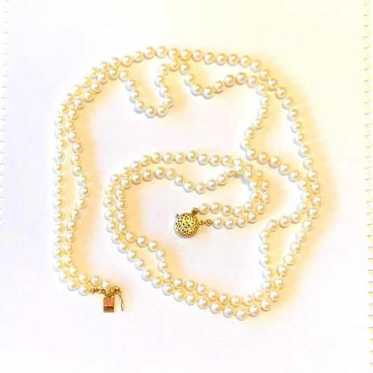 Vintage 14k Gold Double Strand Saltwater Cultured Pearl Necklace, 5 MM Pearl Bridal Necklace 23"