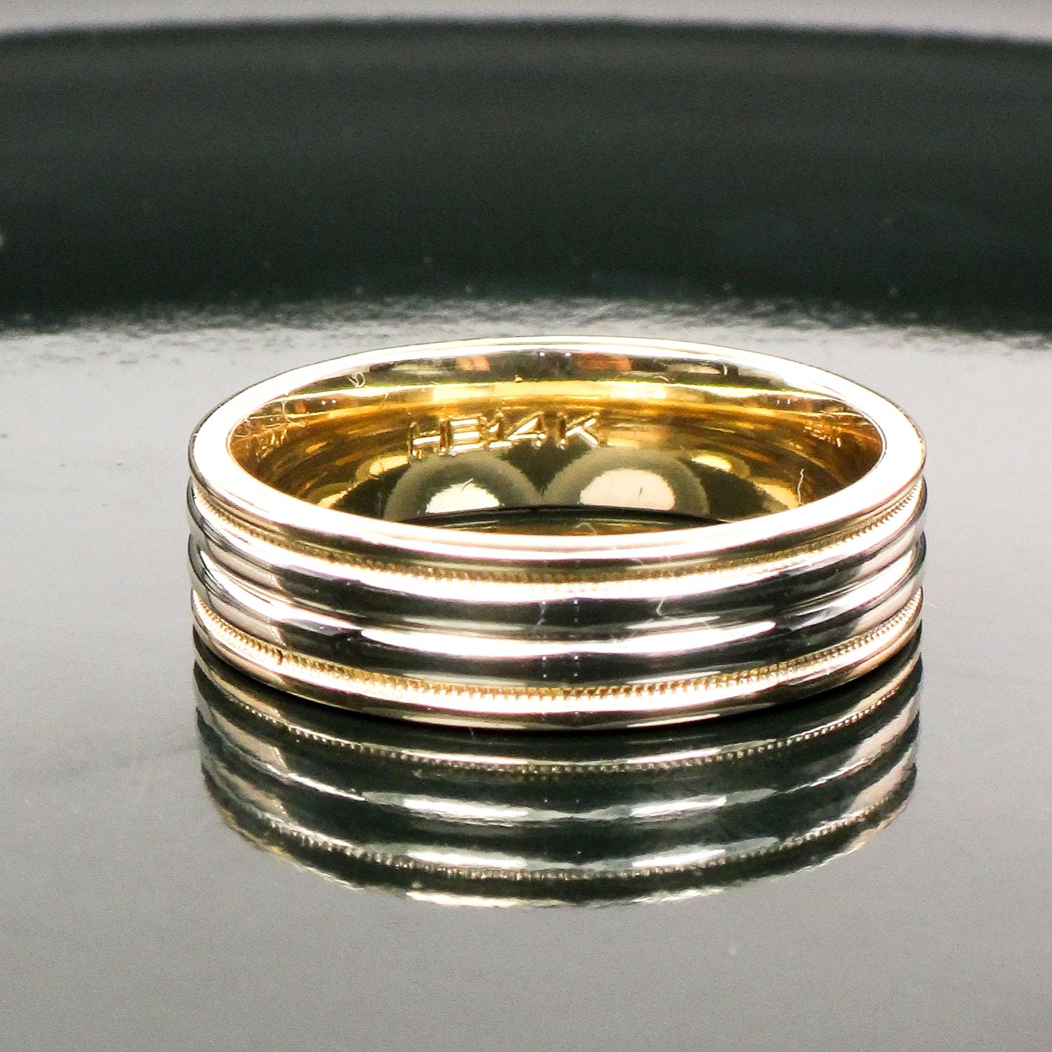 Vintage 14k Two Tone Gold Ribbed Wedding Band, Unisex or Men's Wedding Ring, Size 9.75