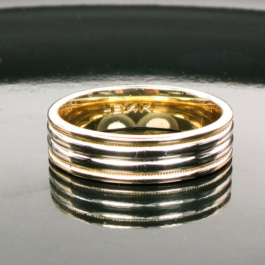 Vintage 14k Two Tone Gold Ribbed Wedding Band, Unisex or Men's Wedding Ring, Size 9.75