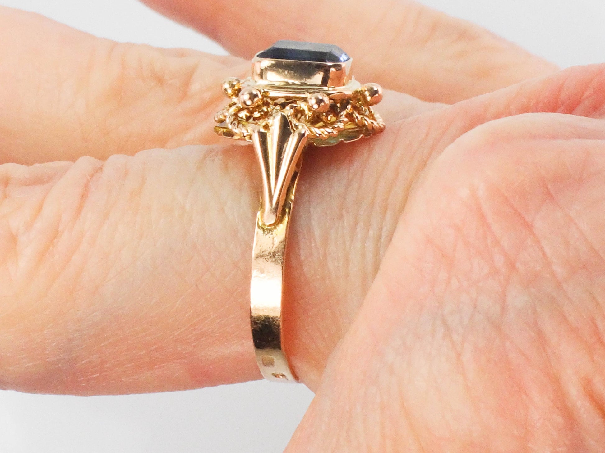 Vintage 19.2k Yellow Gold Cannetille Filigree Blue Glass Ring, Portuguese Hallmarked 800 Gold Ring, Size 6.75