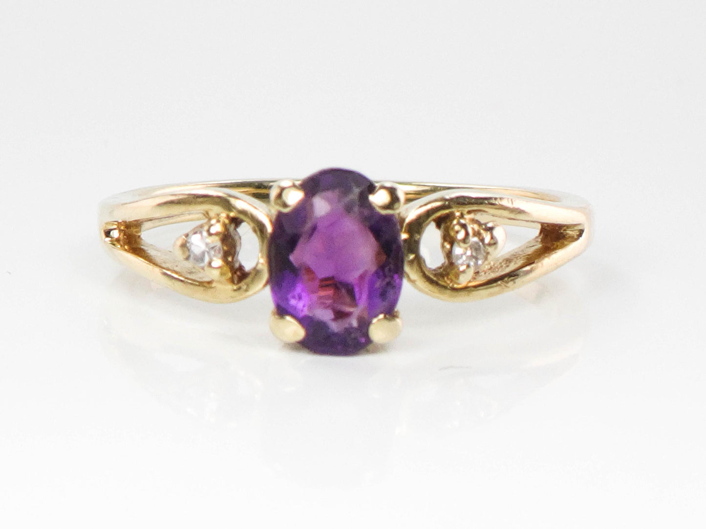 Vintage 14k Yellow Gold Amethyst Ring with Diamond Accents, February Birthstone, Size 6.5