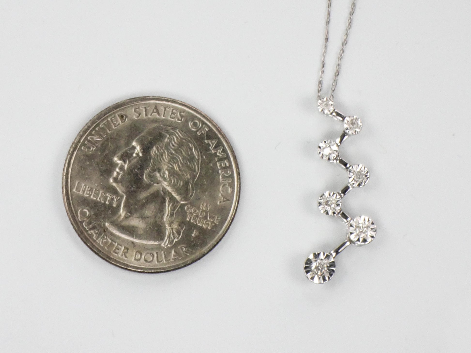 Vintage 10k White Gold Diamond Necklace, Seven Diamond Starburst Pendant 18.5"