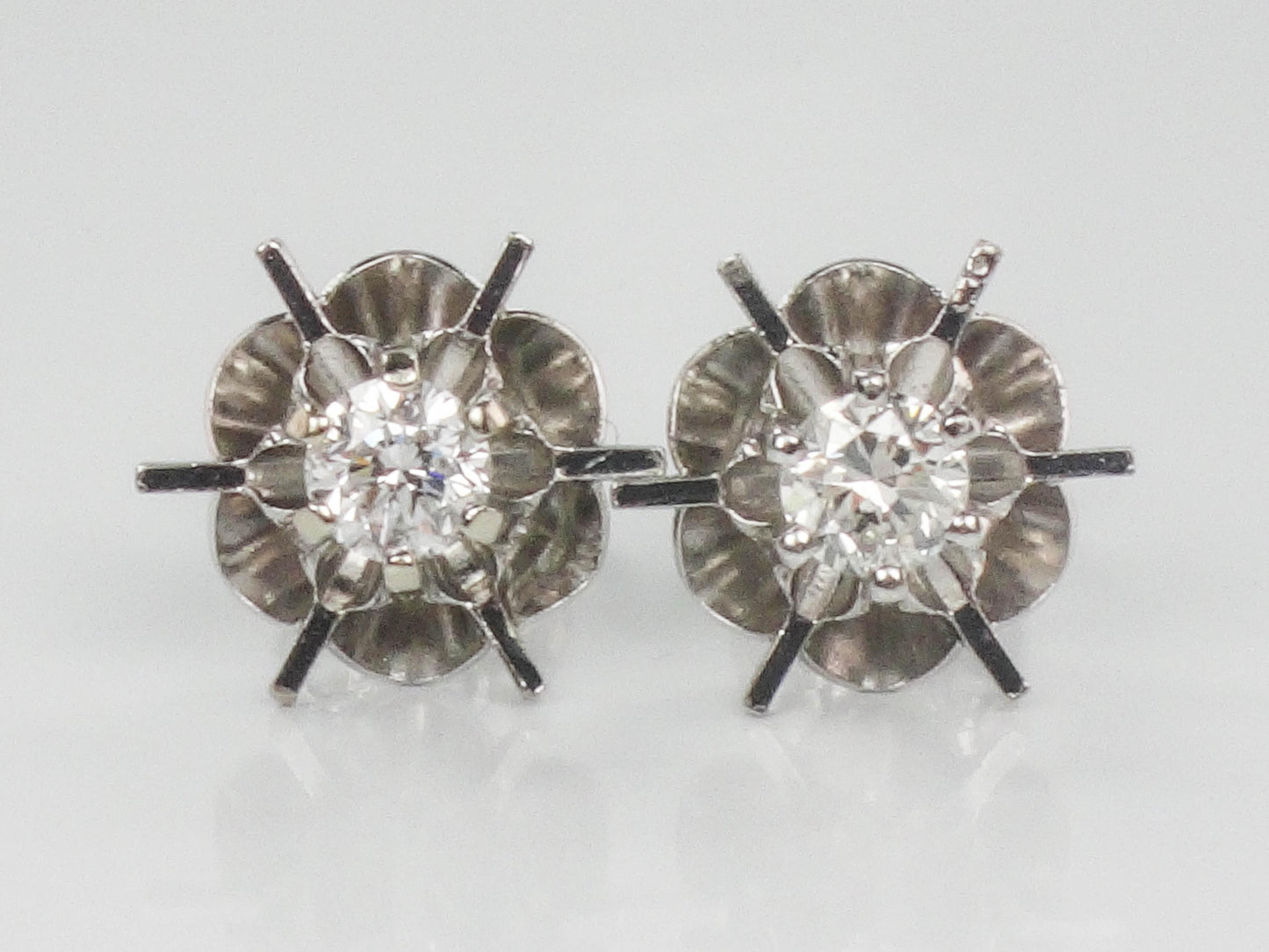 Vintage 14k White Gold Natural Diamond Stud Buttercup Earrings, Round Brilliant Bridal Earrings